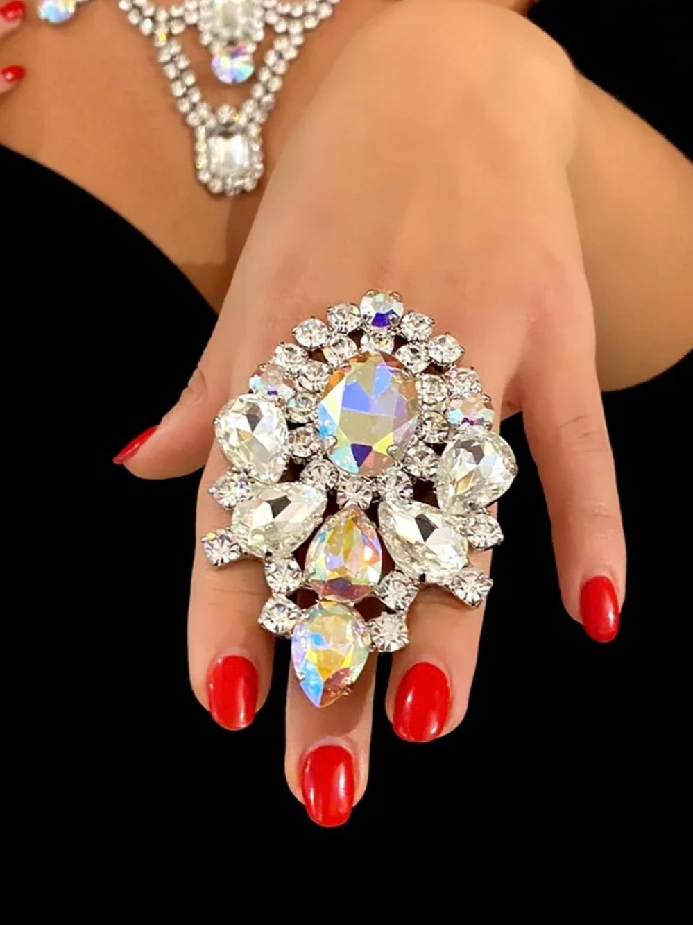 Exaggerated Crystal Adjustable ring- Statement Sparkle Costume Jewelry